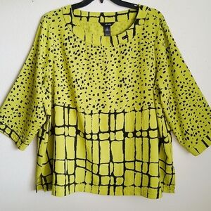 Ali Miles Lime and Black Patterned Blouse Size 2XL Art To Wear Lagenlook